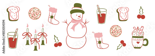 Whimsical Christmas doodle line art festive and holiday icon. Green, red, pink elements illustrations for sale, promotion, branding, labels, posters, cards, invitation, greeting card, social media.	