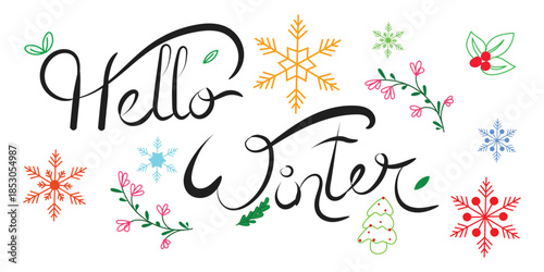 hello winter hand lettering with snowflakes and floral doodles vector, festive hello winter typography with colorful seasonal icons, winter greeting calligraphy design with snowflakes leaves.