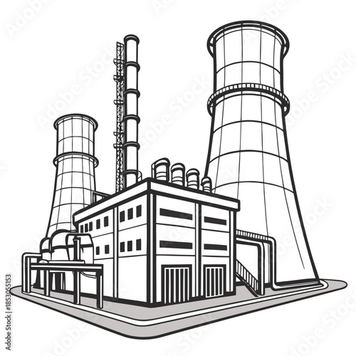 Black and white of a nuclear power plant with cooling towers