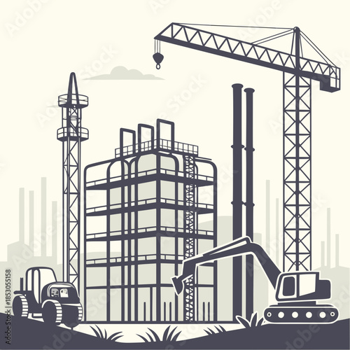Industrial construction site with crane and excavator