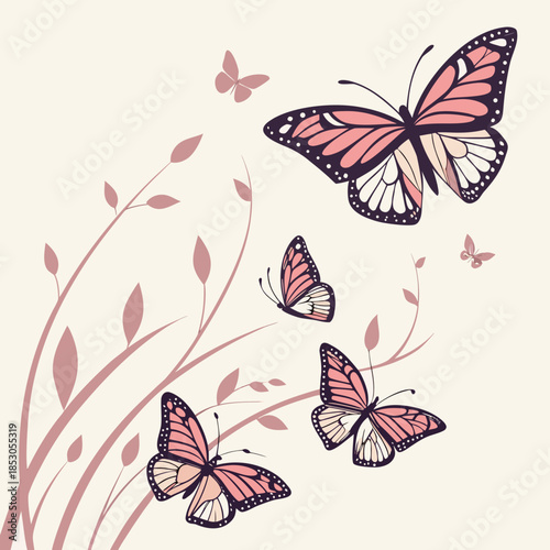 Pink and black butterflies flying around mauve leaves on cream background