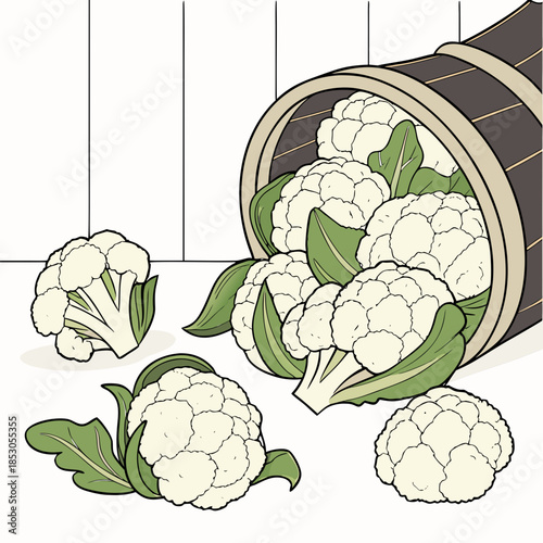 Cauliflower spilling from wooden basket on white floor