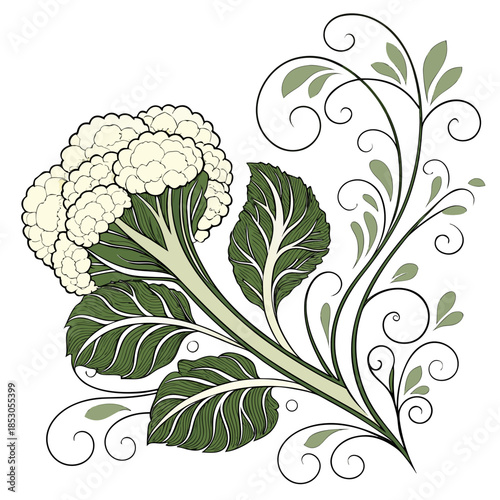 White cauliflower with green leaves and decorative botanical pattern