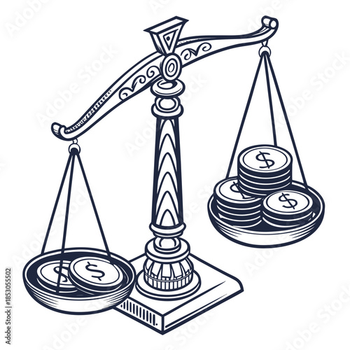 Law scale with coin discs on white background coins