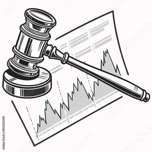Metallic gavel on financial graph and documents