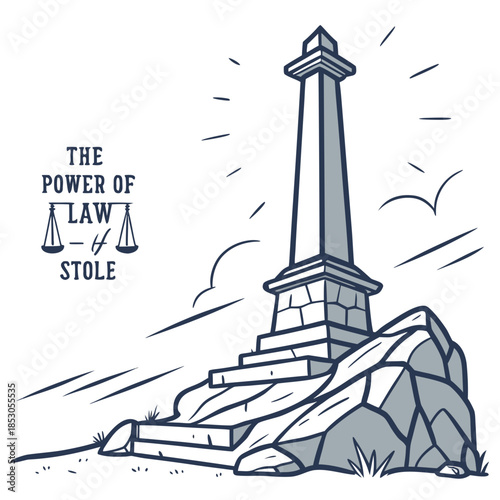 Stone monument with stairs on rocky outcrop and scales of justice text