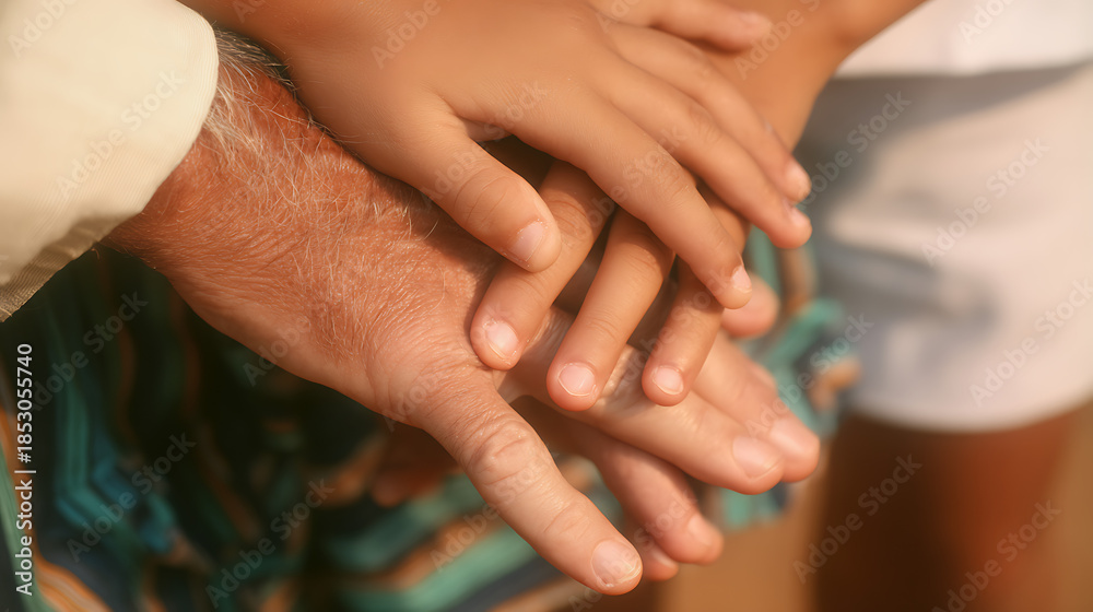Fototapeta premium Close-up of three hands of different generations stacked together, concept of family unity, support, and community cooperation.