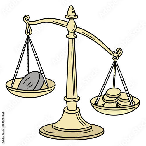 Golden scales balancing stone and coins balance justice