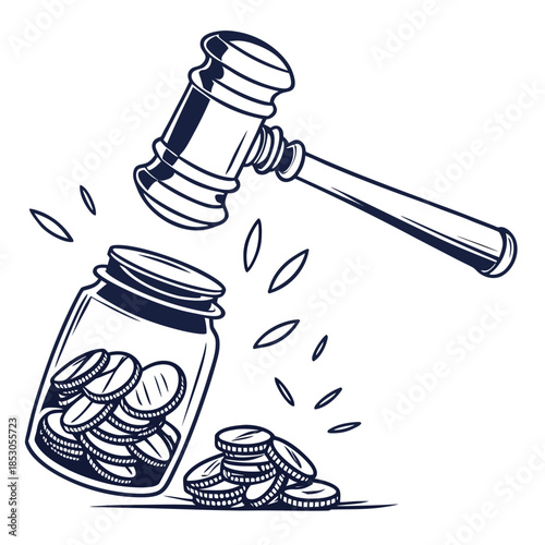 Law hammer colliding with glass coin jar white background