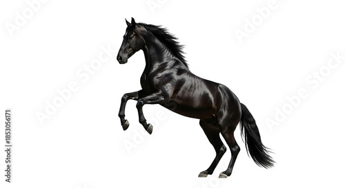 Majestic black horse rearing up powerfully against a stark black background, showcasing strength