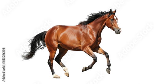 Majestic brown horse in motion against black background, exuding power and grace in its stride.