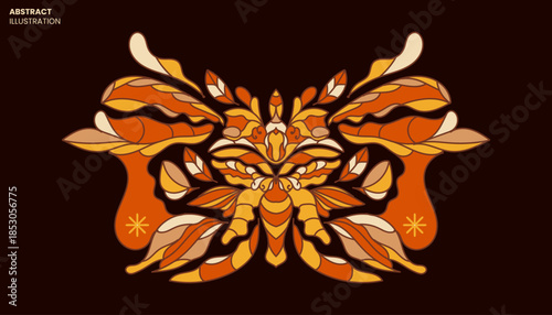 Abstract symmetrical batik ornament with autumn color palette. Vector illustration of a decorative butterfly-like floral ornament. Ethno-tribal symmetrical pattern in warm orange and brown tones.
