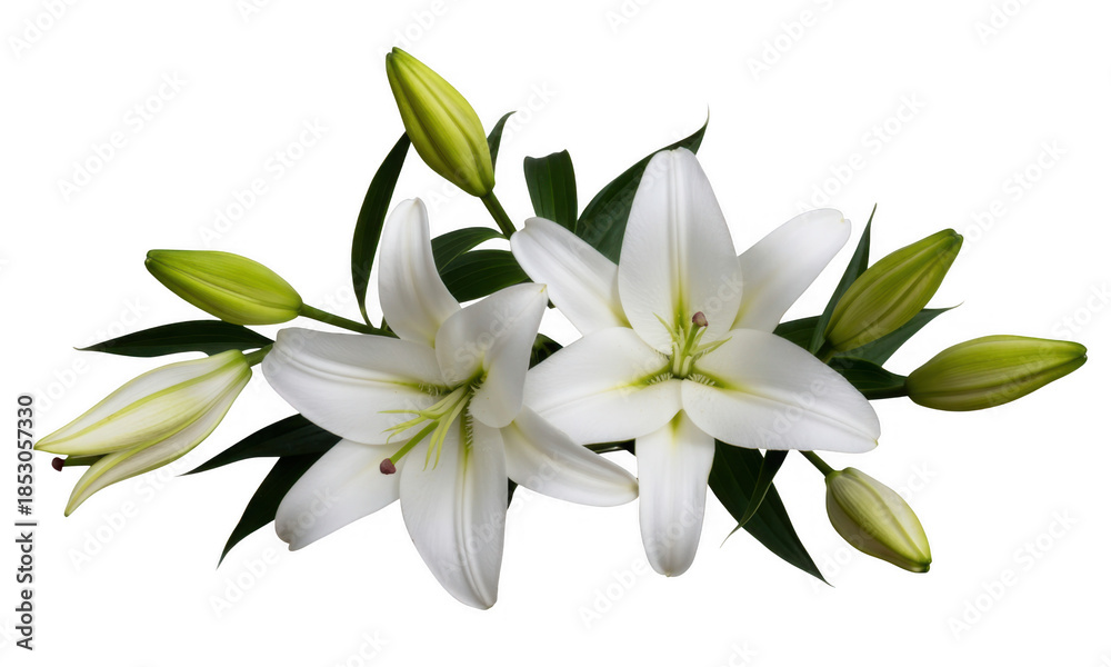 Fototapeta premium White lilies with green leaves and buds flowers floral isolated on a transparent background