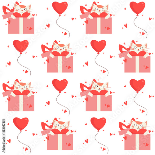 Hand drawn Valentine seamless pattern with cute cartoon cats popping out of gift boxes, red hearts, balloons Romantic vector festive design for wrapping paper, card, textiles, packaging, holiday decor