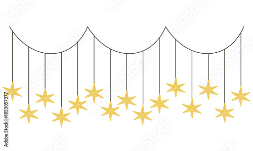 Star lights, starry icicle garland. Horizontal electric string, festive decoration, seasonal Xmas ornament.