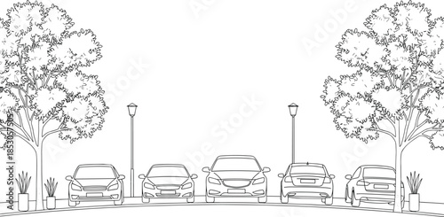 Urban street parking line art illustration with cars, trees, and street lamps, clean cityscape outline design for transportation and planning concepts