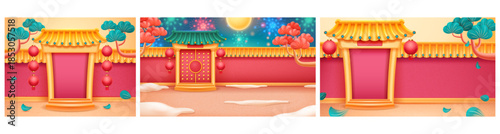 Traditional Chinese castle gates with lanterns set. Vector decorative fences surrounded by trees. Full moon with fireworks. CNY with oriental architecture, lights and decorative elements
