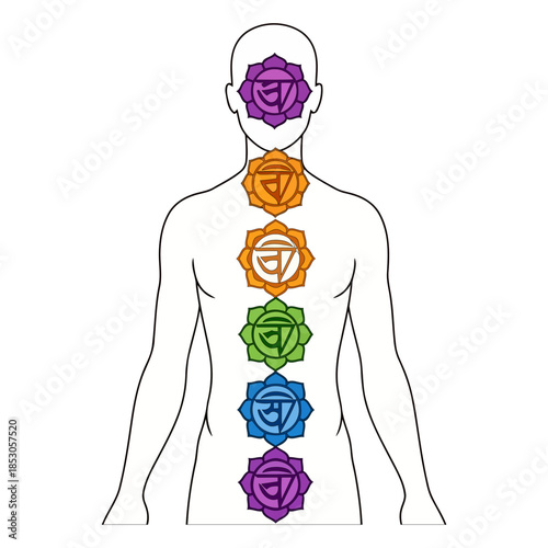 Illustration of a human silhouette with colorful chakra symbols aligned along the spine representing energy centers for spiritual and physical well being
