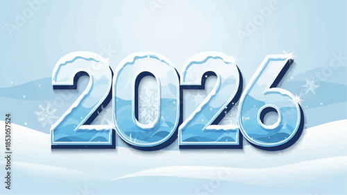 Ice blue 2026 New Year celebration with snowy landscape background