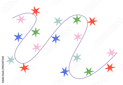 Star garland with colorful festive starry lights on twisted curvy wavy string. Christmas and New Year sparkling ornament
