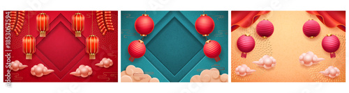 Festive Chinese New Year background frames with glowing lanterns, fireworks and soft clouds. Vector holiday greetings and cultural celebrations, festival designs and seasonal marketing materials