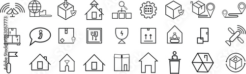 Distribution web icons in line style. supply chain, cargo, ship, logistic, delivery, truck, commerce. editable stroke. 
International trading set 