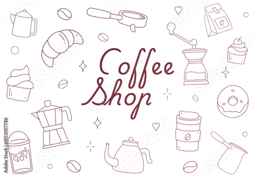 A simple, hand-drawn line illustration showing the silhouette of a cat sitting next to an espresso pot, with the word "coffee" beside it.