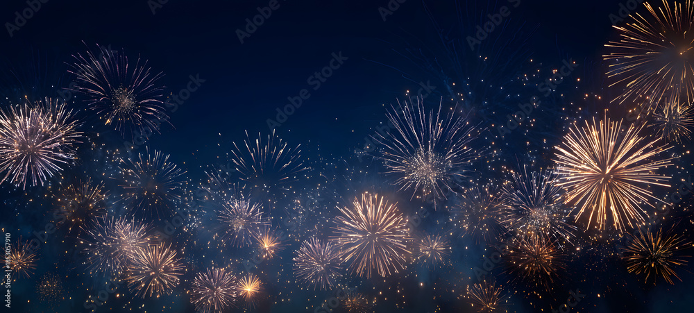 Obraz premium Silvester, New Year's Eve, Festival Party New Year 2026, new years eve Fireworks background banner panorama - firework and sparklers on rustic dark blue night sky texture