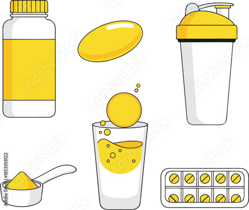 Healthy nutrition and dietary supplement icon set for wellness 