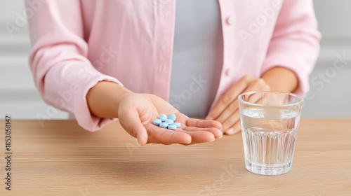 Person holding blue pills in hand near a glass of water on wooden table