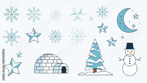 Whimsical winter wonderland scene with snowman and igloo