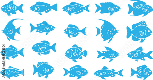 Twenty stylized blue fish silhouettes in four-row grid with white accents on white background showcasing aquatic species diversity