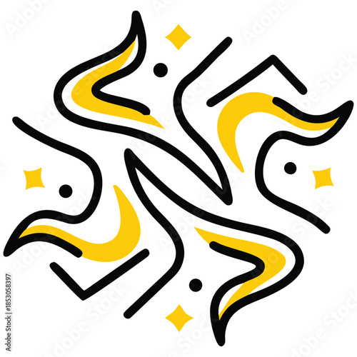 an abstract graphic design features swirling yellow and black lines with scattered diamond shapes creating a dynamic and modern visual composition