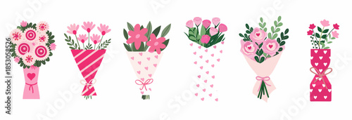 Vibrant pink floral bouquets with creative wrapping designs