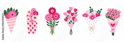 Vibrant pink flower bouquets in various decorative wraps