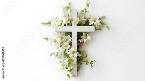 A Christian cross with snow-white flowers. Easter Catholic religious symbol. Illustrations for Baptisms, baptisms, baptisms, postcards, paper, invitations.