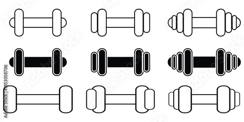 Dumbbell icons set in outlined and filled flat style. Gym heavy strength training dumbbell line pictograms. Weight lifting dumbbell signs eps 10