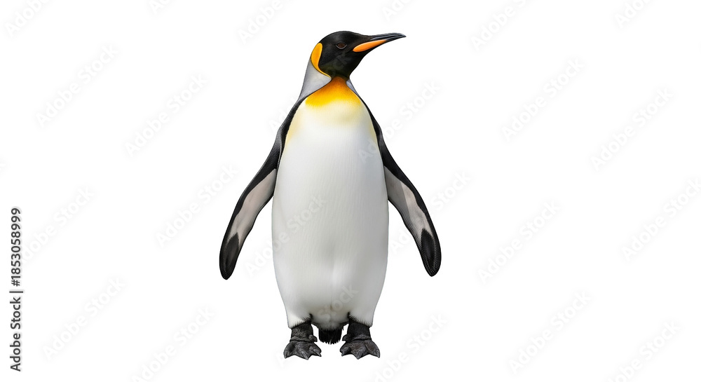 Fototapeta premium A majestic penguin stands tall against a black backdrop with vibrant yellow feathers on display.
