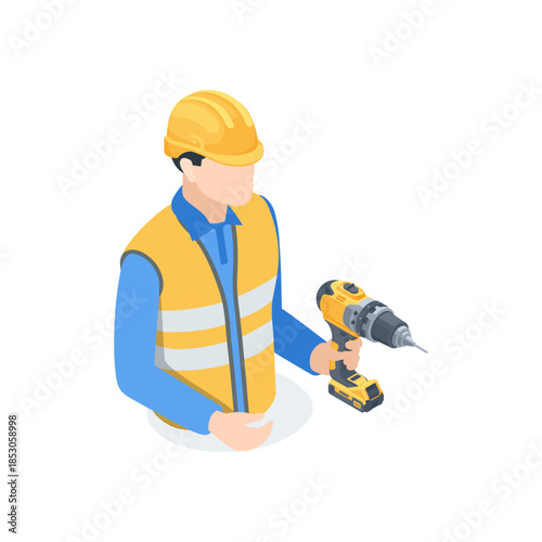 Isometric man in work clothes and a helmet with a drill, in color on a white background, a construction worker or a home repairman