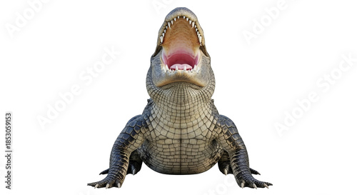 A low-angle view of an alligator with its mouth wide open showing its large teeth and pink mouth.