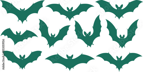 Green cartoon bat vector set with fanged expressions and varied wing shapes for Halloween, spooky, and nocturnal-themed design use.