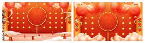 Closed traditional gates with columns, decorated with lanterns and surrounded by clouds. Vector protection and prosperity, harmony and good fortune in Lunar New Year. Festive banners and posters