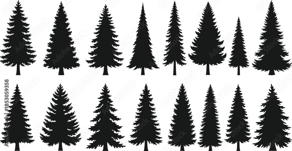 Obraz premium Eighteen black evergreen tree silhouettes in two rows on white background stylized conifer shapes for nature-themed design