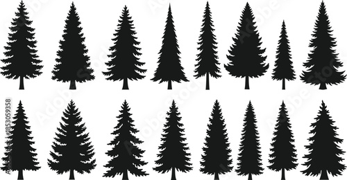 Eighteen black evergreen tree silhouettes in two rows on white background stylized conifer shapes for nature-themed design