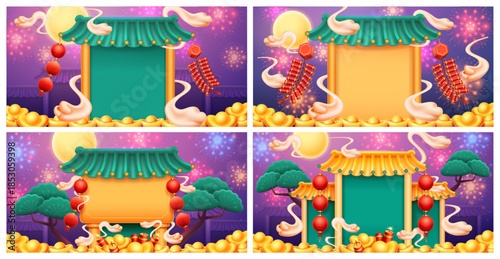 Chinese night landscapes set. Vector castle with lanterns, fireworks and golden bars, bright moon and pine trees. Prosperity and success, wealth and good fortune in Lunar New Year culture