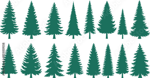 Twenty black evergreen tree silhouettes in two rows on white background stylized conifer shapes for forest and nature design