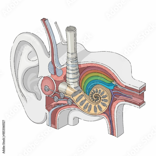 Detailed anatomical illustration of the human ear structure.