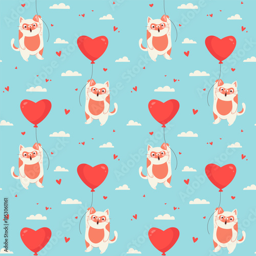 Hand drawn seamless Valentine pattern with cartoon cats flying on heart balloons in sky Cute romantic illustration for holiday wrapping, card, textiles, nursery decor Festive vector love-themed design