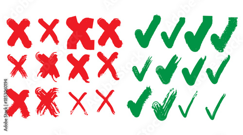  check mark and cross element. doodle, hand drawn brush vector illustration