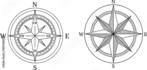 Vintage compass rose line art set with cardinal directions, nautical navigation symbols, and classic cartography illustration for travel and mapping designs